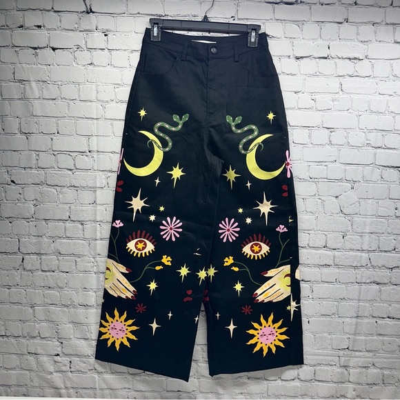 BLACK FRIDAY PALMISTRY Black Graphic Wide-Leg Pants SZ 8 NWT - Picture 2 of 11